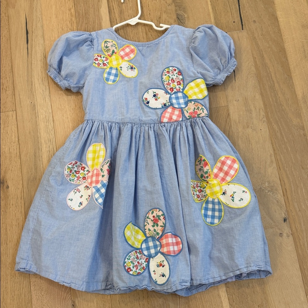 Mini Boden Light Blue Dress with Multicolor Flower Appliqués